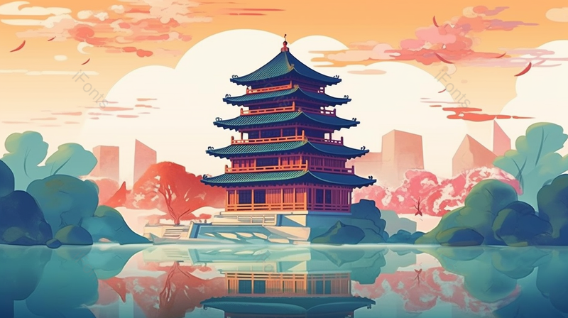 夕阳蓝色天空国潮古建筑湖景湖泊宫殿白云国风插画,插画/手绘图,插画/手绘图库,插画/手绘图下载,插画/手绘